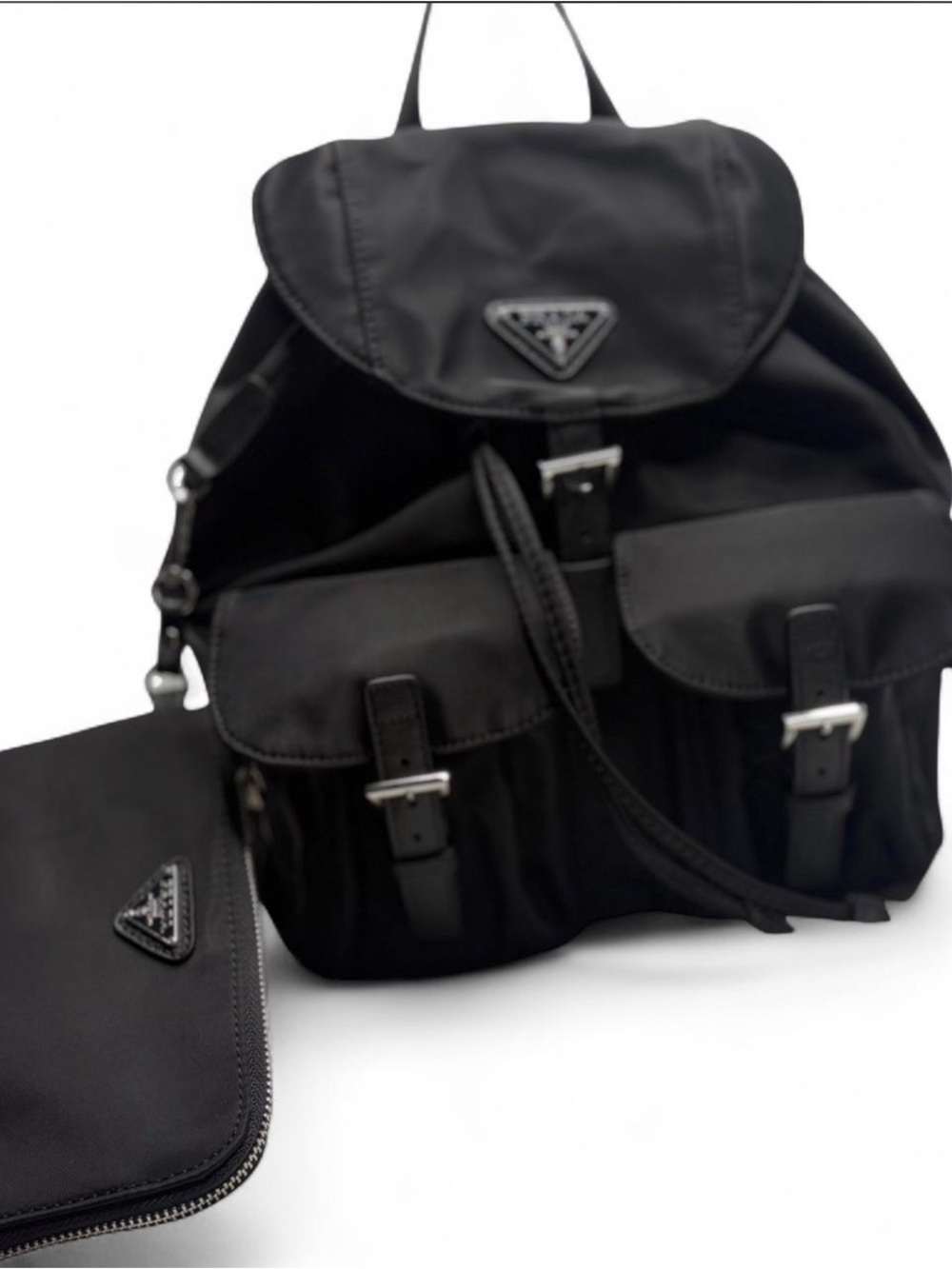 NWT 🔝 Prada Triangle Logo Tessuto Nylon Backpack Black vs Pouch